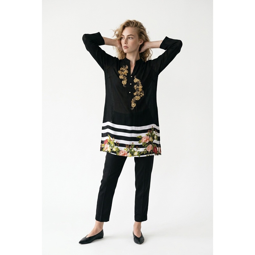 I-LACE Black Gold Beaded Floral Tunic Dress Long‎ Sleeve Striped Rose Print XL